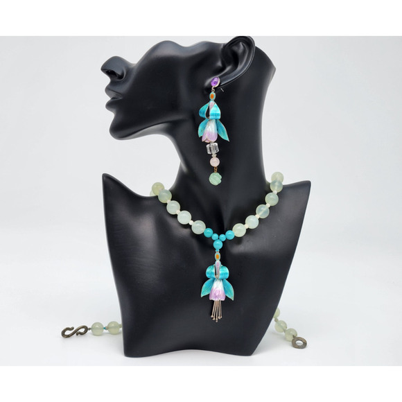Vintage Sunya Currie Quartz Jade Bead Sterling Silver Necklace & Earrings 22''